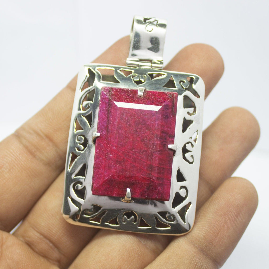 32.3g, Totally Handmade Natural Ruby Rectangle Shape 925 Sterling Silver Pendant - Jalvi & Co.