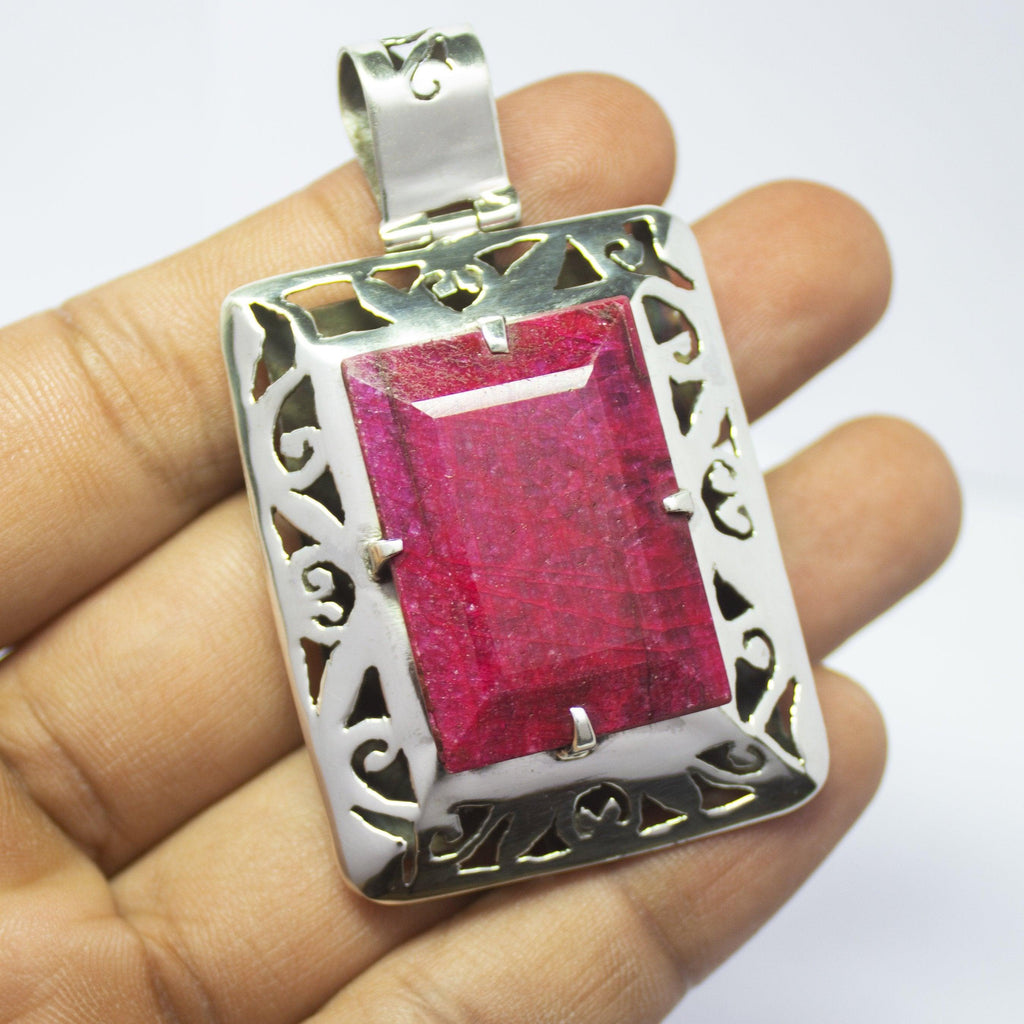 32.3g, Totally Handmade Natural Ruby Rectangle Shape 925 Sterling Silver Pendant - Jalvi & Co.