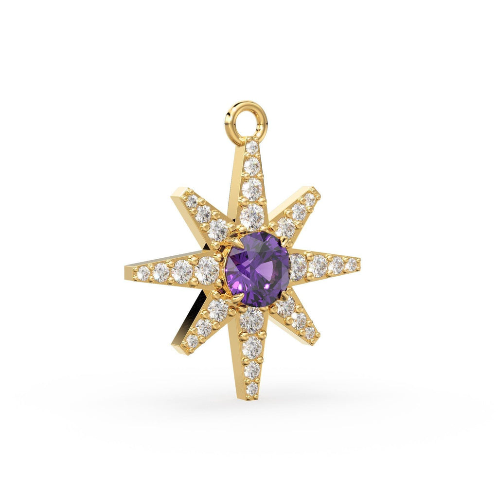 32mm Amethyst Star Diamond Charm Pendant 14k Solid Yellow Gold Diamond Celestial 18k Gold Jewelry Necklace Gift for her February Birthstone - Jalvi & Co.