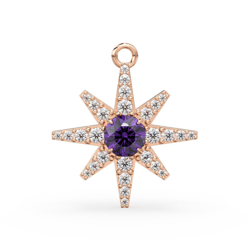 32mm Amethyst Star Diamond Charm Pendant 14k Solid Yellow Gold Diamond Celestial 18k Gold Jewelry Necklace Gift for her February Birthstone - Jalvi & Co.