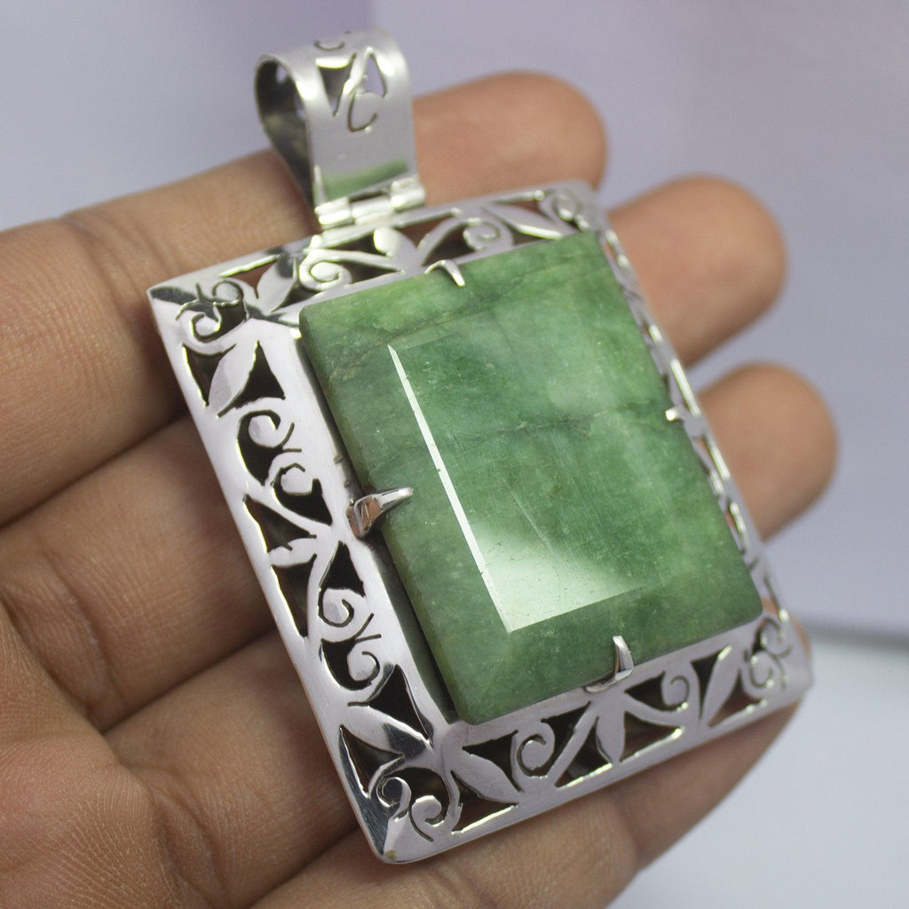 35.5g, Totally Handmade Natural Emerald Rectangle Shape 925 Sterling Silver Pendant - Jalvi & Co.