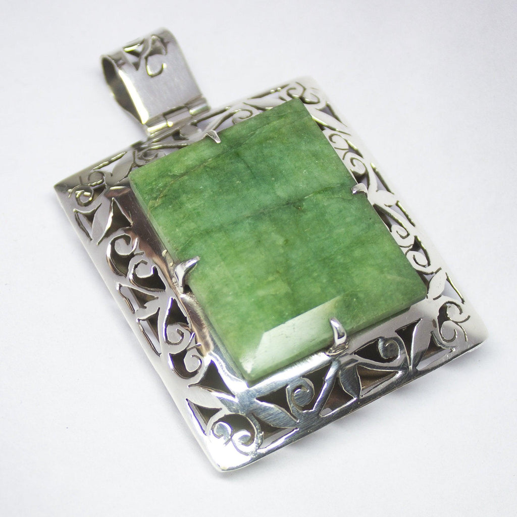 35.5g, Totally Handmade Natural Emerald Rectangle Shape 925 Sterling Silver Pendant - Jalvi & Co.