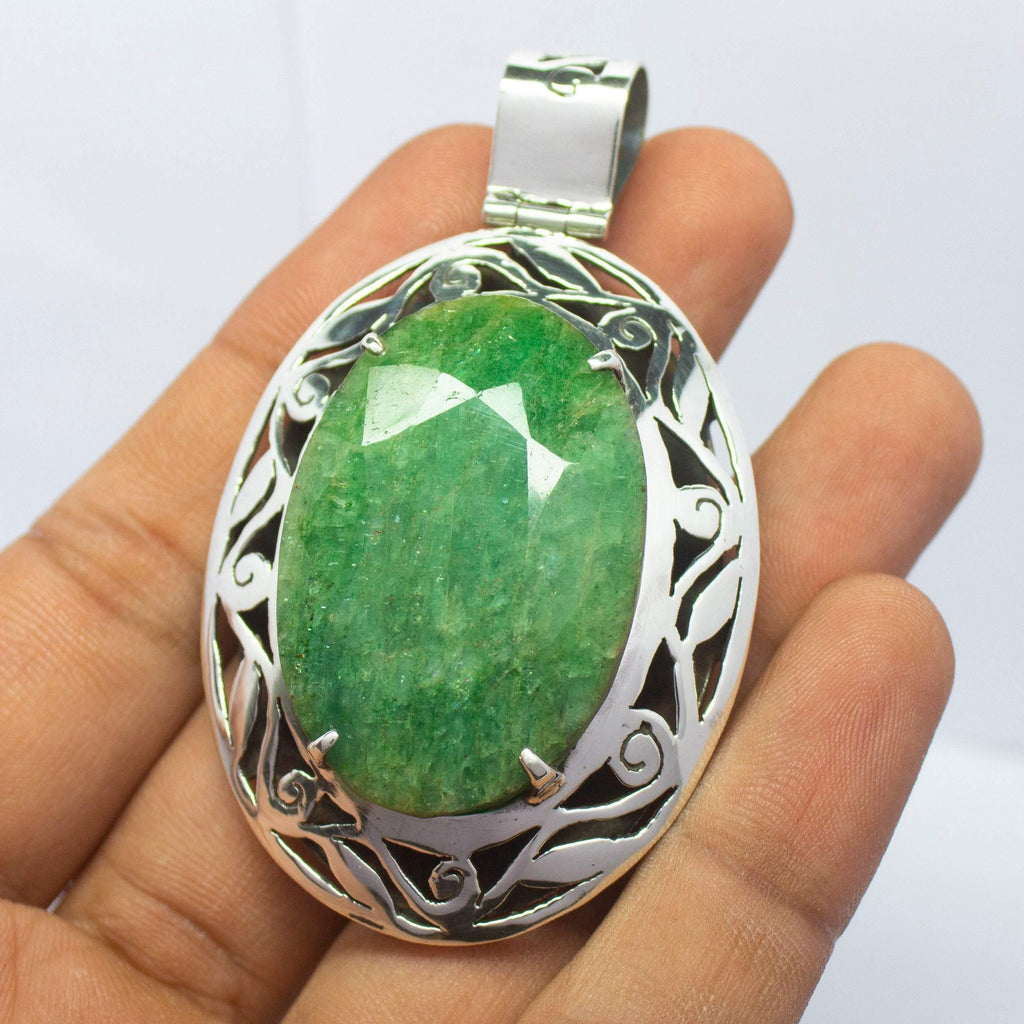 36g, Totally Handmade Natural Emerald Oval Shape Designer 925 Sterling Silver Pendant - Jalvi & Co.