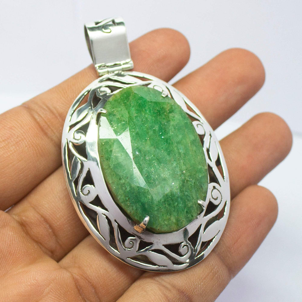 36g, Totally Handmade Natural Emerald Oval Shape Designer 925 Sterling Silver Pendant - Jalvi & Co.