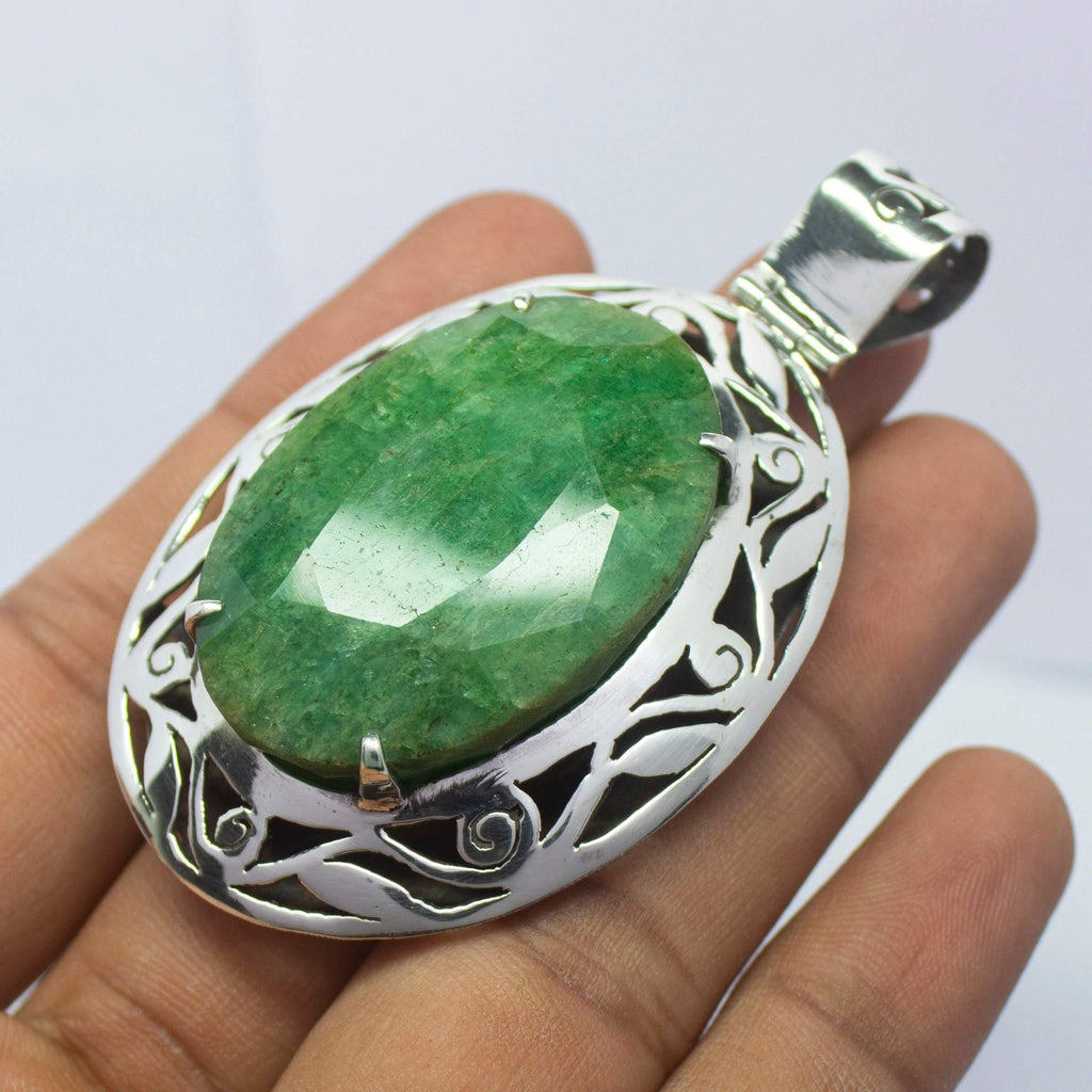 36g, Totally Handmade Natural Emerald Oval Shape Designer 925 Sterling Silver Pendant - Jalvi & Co.