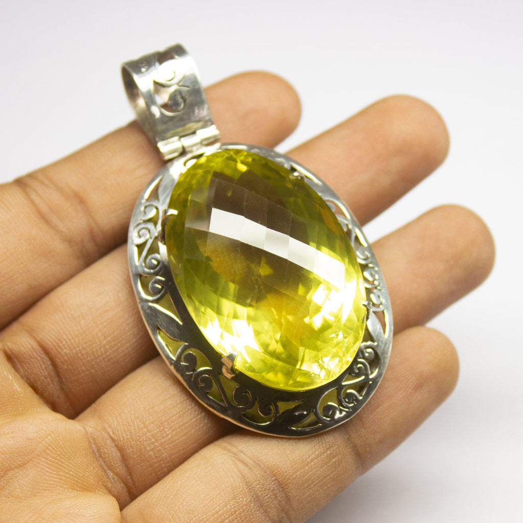 37.4g, Natural Lemon Quartz Oval Shape 925 Sterling Silver Handmade Pendant, Quartz Pendant, Handmade Jewelry - Jalvi & Co.