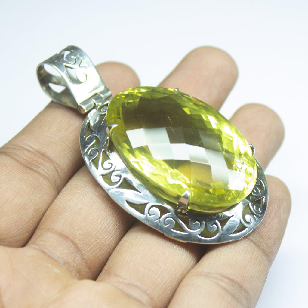 37.4g, Natural Lemon Quartz Oval Shape 925 Sterling Silver Handmade Pendant, Quartz Pendant, Handmade Jewelry - Jalvi & Co.