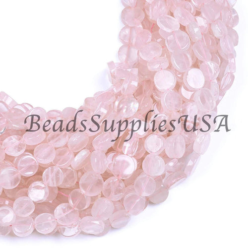 38cm Full Strand, Natural Pink Rose Quartz Plain Coin Beads, 9-11mm, 15 inches long - Jalvi & Co.