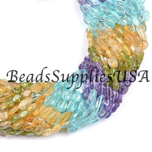 39cm Full Strand, Multi Gemstone Amethyst, Topaz, Peridot, Citrine Smooth Oval Beads, 7-9mm, 15+ inches long - Jalvi & Co.