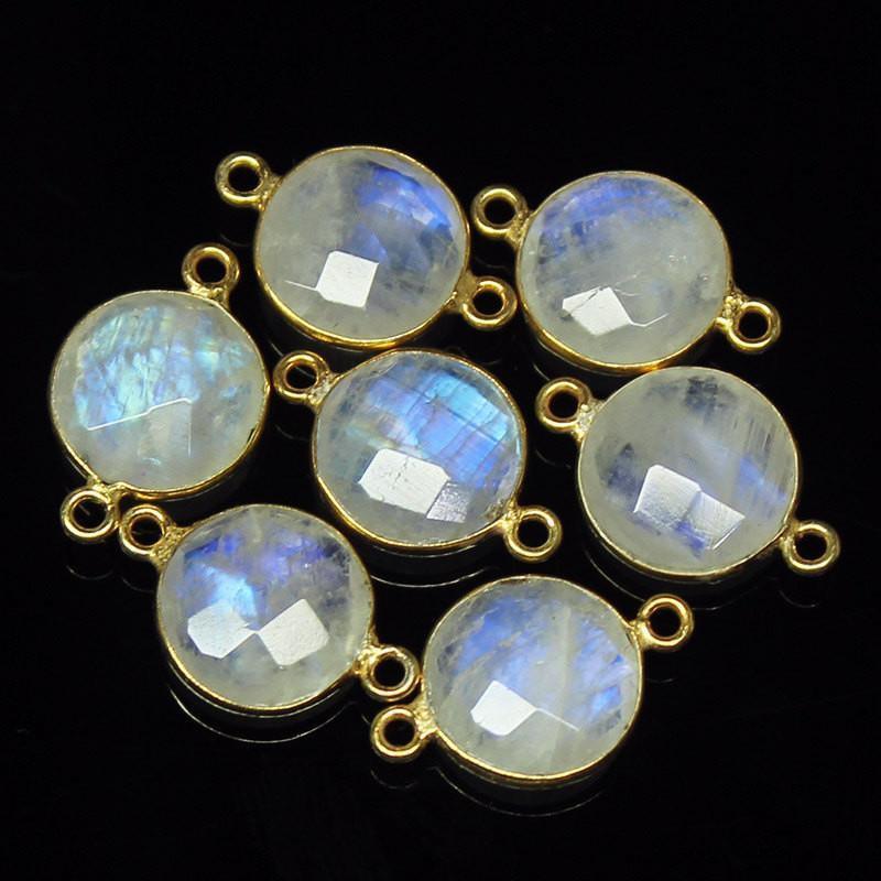 3pc, 18mm, Rainbow Moonstone Round Coin 925 Sterling Silver Gold Vermeil Connector, Moonstone Connector - Jalvi & Co.