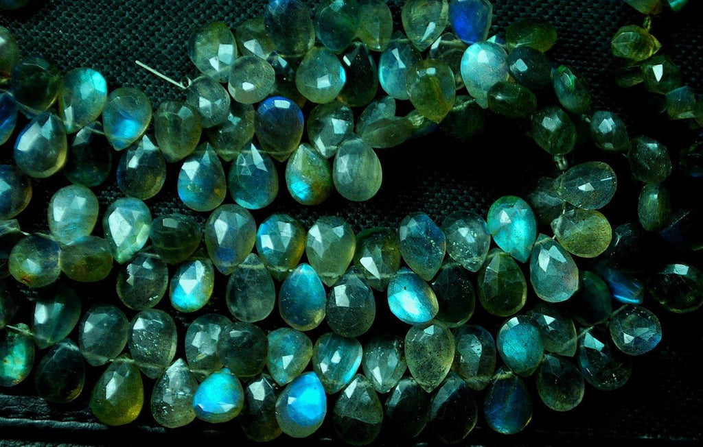 4 Inch Long Full Strand, Blue Flashy Labradorite Faceted Pear Shaped Briolettes, 7X10mm Calibrated Size Long Size - Jalvi & Co.