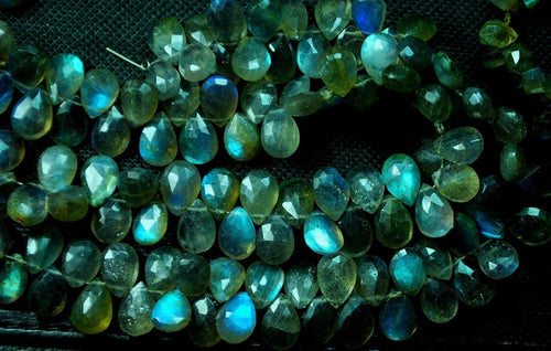 4 Inch Long Full Strand, Blue Flashy Labradorite Faceted Pear Shaped Briolettes, 7X10mm Calibrated Size Long Size - Jalvi & Co.