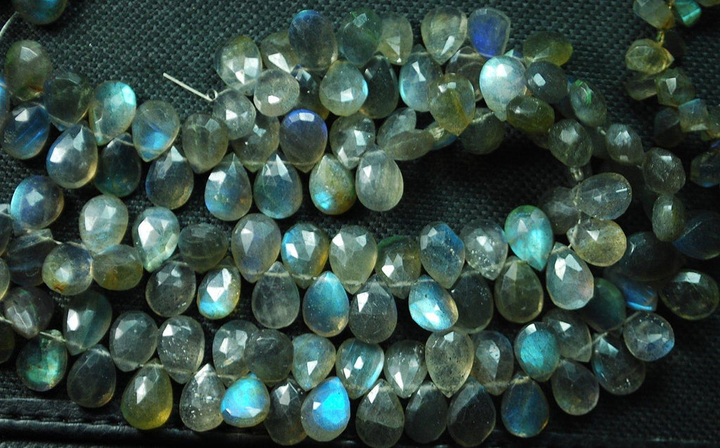 4 Inch Long Full Strand, Blue Flashy Labradorite Faceted Pear Shaped Briolettes, 7X10mm Calibrated Size Long Size - Jalvi & Co.