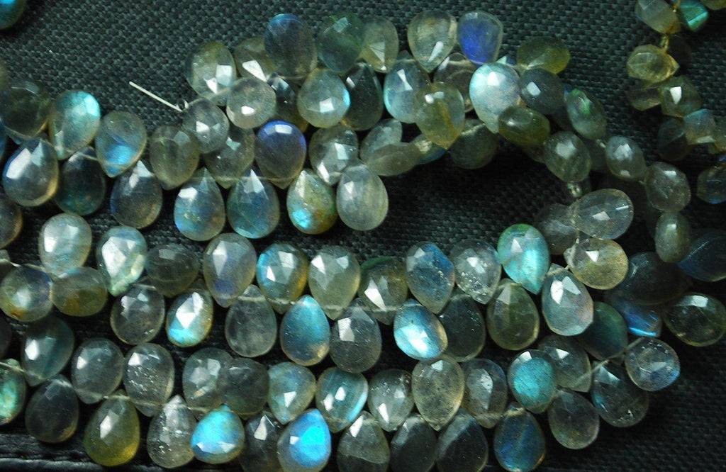 4 Inch Long Full Strand, Blue Flashy Labradorite Faceted Pear Shaped Briolettes, 7X10mm Calibrated Size Long Size - Jalvi & Co.