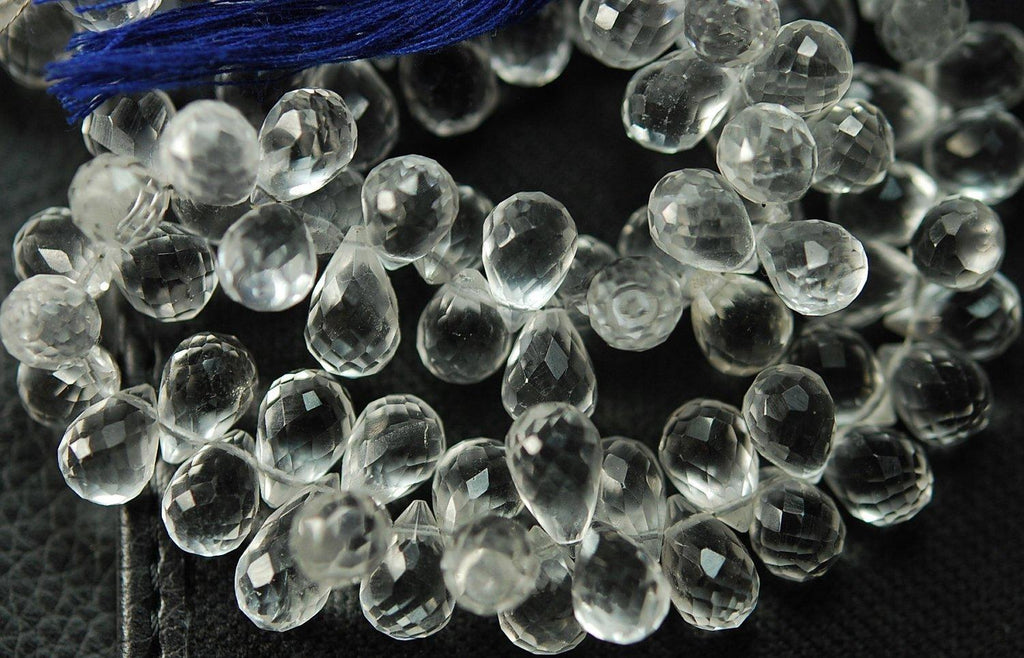 4 Inch Long Strand, Rock Crystal Quartz Micro Faceted Drops Shaped Briolettes, 8-9mm Long Size - Jalvi & Co.