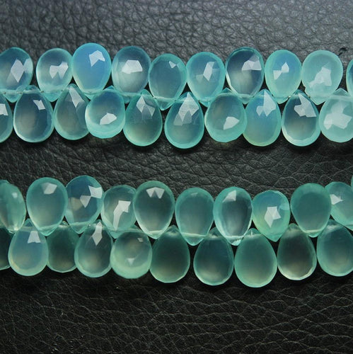 4 Inch Strand, 25 Beads, Super Finest Best Color Aqua Chalcedony Faceted Pear Briolette's, 8X12mm Large Size - Jalvi & Co.