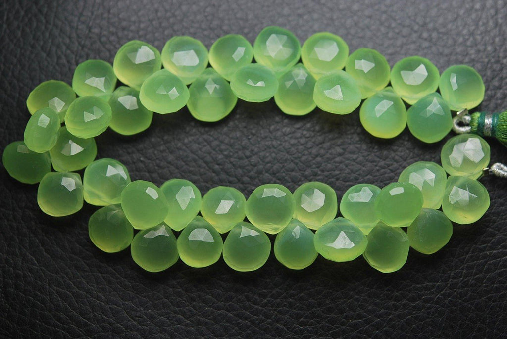 4 Inch Strand, Finest Quality Prehnite Green Chalcedony Faceted Heart Shape Briolettes, 10mm Size - Jalvi & Co.