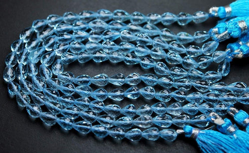 4 Inch Strand, Natural Sky Blue Topaz Micro Faceted Drops Shaped Briolettes, 6.5-7mm, Finest Quality - Jalvi & Co.