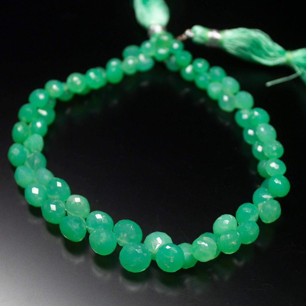 4 inches, 6-8mm, Apple Green Chrysoprase Faceted Onion Drop Briolette Loose Gemstone Beads - Jalvi & Co.