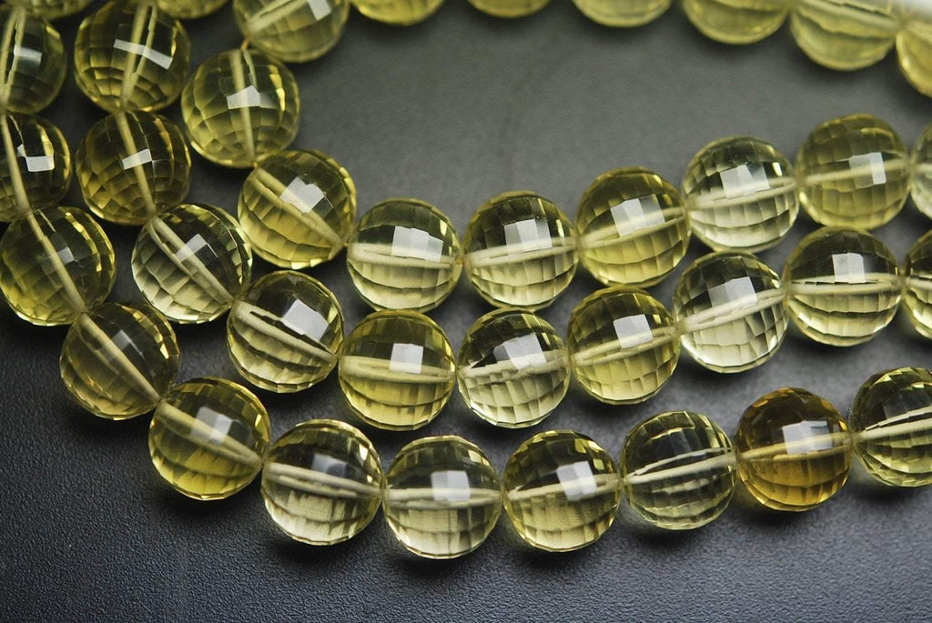 4 Match Pair Super Rare AAA Natural Lemon Quartz Step Cut Faceted Balls Beads Calibrated Size, 12mm - Jalvi & Co.