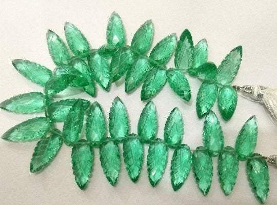 4 Matched Pair Emerald Green Quartz Carving Faceted Pear Shape Briolettes 8X20mm - Jalvi & Co.