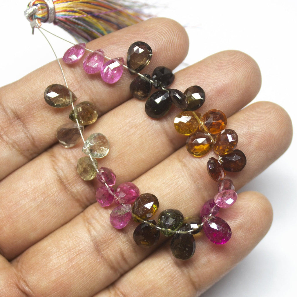 4" Natural Watermelon Tourmaline Faceted Pear Drop Briolette Loose Gemstone Beads 7-8mm - Jalvi & Co.