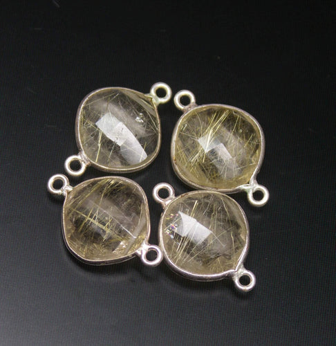 4 pcs, 18mm, Golden Rutile Quartz Faceted Cushion Shaped 925 Sterling Silver Connector, Jewelry Finding, Quartz Connector - Jalvi & Co.