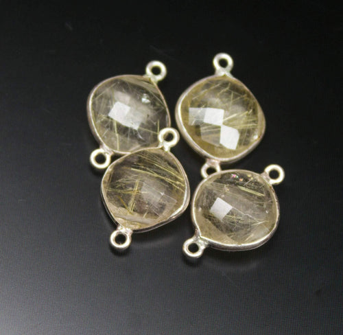 4 pcs, 18mm, Golden Rutile Quartz Faceted Cushion Shaped 925 Sterling Silver Connector, Jewelry Finding, Quartz Connector - Jalvi & Co.