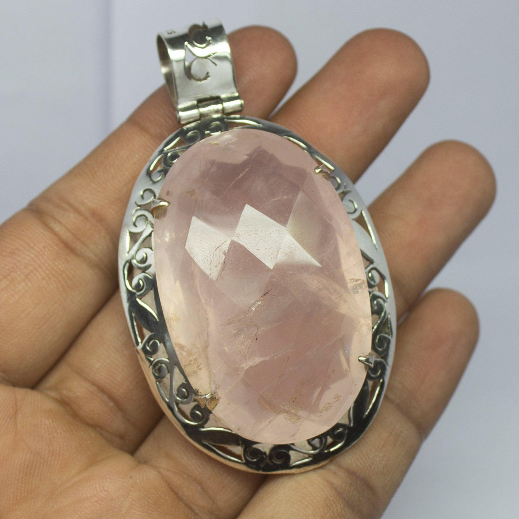 43.4g, Totally Handmade Natural Rose Quartz Oval Shape 925 Sterling Silver Pendant - Jalvi & Co.