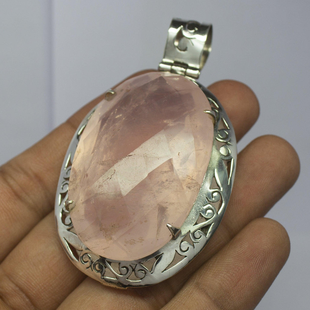 43.4g, Totally Handmade Natural Rose Quartz Oval Shape 925 Sterling Silver Pendant - Jalvi & Co.