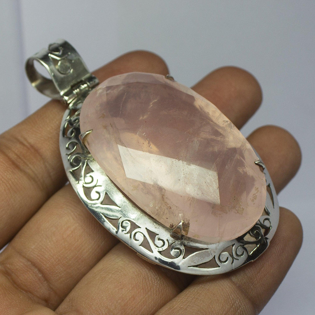 43.4g, Totally Handmade Natural Rose Quartz Oval Shape 925 Sterling Silver Pendant - Jalvi & Co.