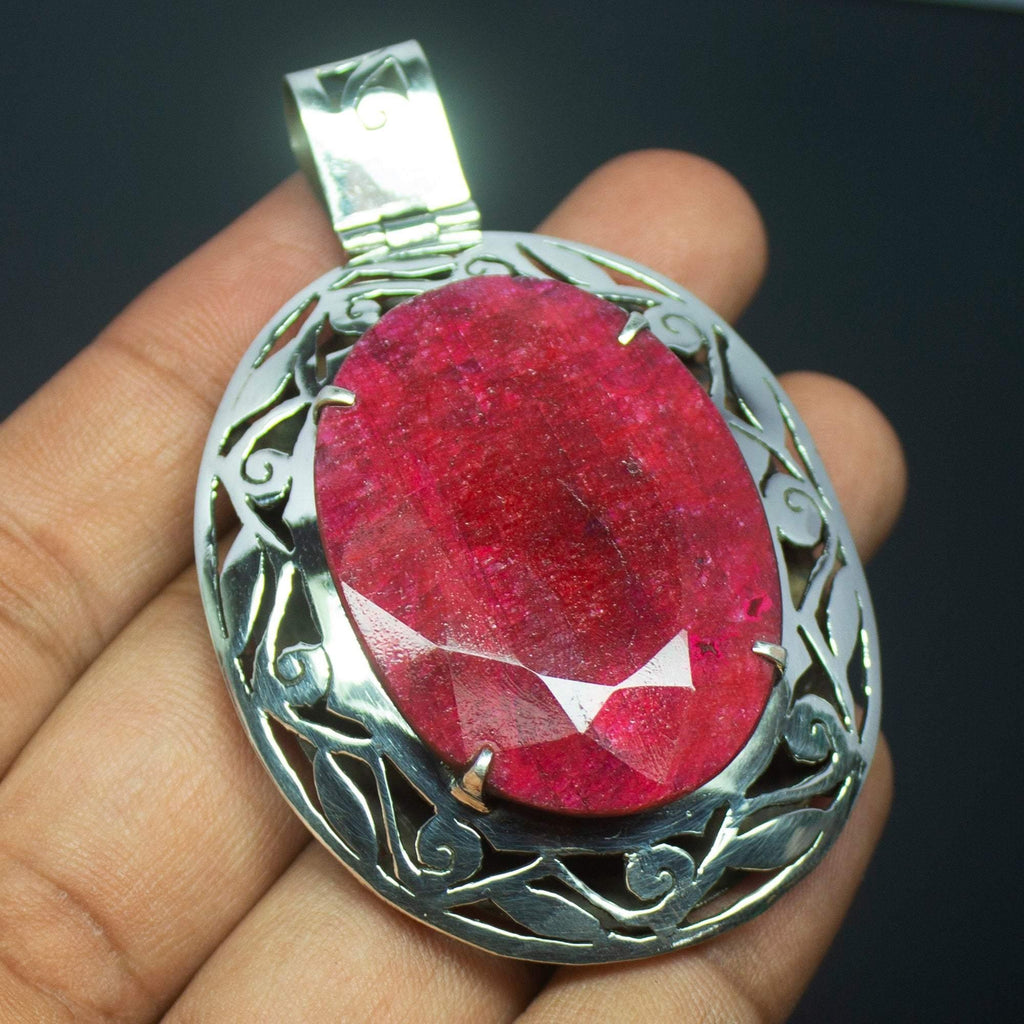 46g, Totally Handmade Natural Ruby Oval Shape 925 Sterling Silver Pendant - Jalvi & Co.