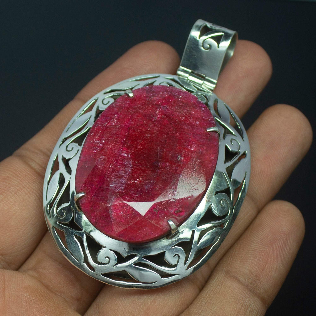 46g, Totally Handmade Natural Ruby Oval Shape 925 Sterling Silver Pendant - Jalvi & Co.