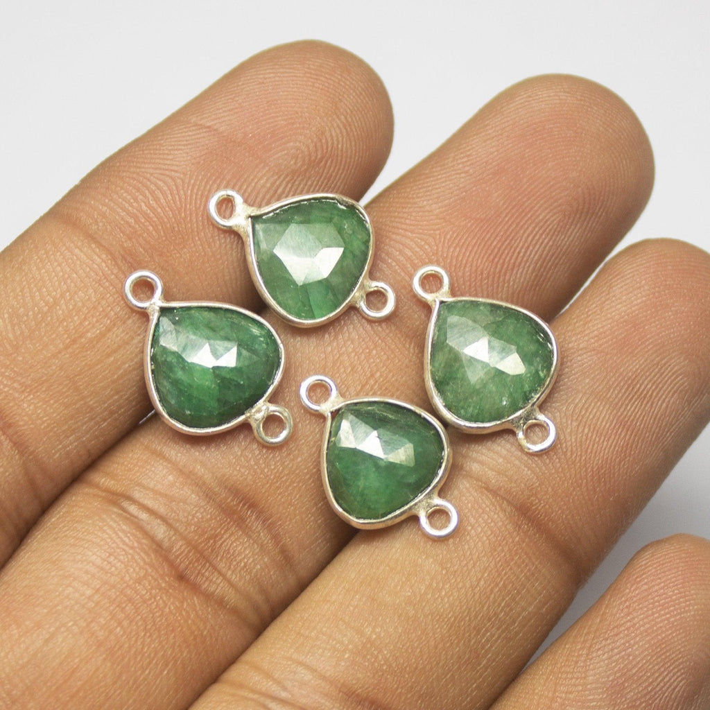 4pc, 18mm, Natural Emerald Checker Heart Briolette 925 Sterling Silver Connector, Emerald Connector - Jalvi & Co.