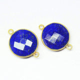 4pc, 19mm, Lapis Lazuli Faceted Round Coin Shape 925 Sterling Silver Gold Vermeil Connector, Lapis Lazuli Connector