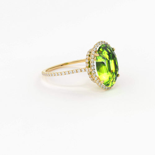 5.5 Carat Oval Green Sphene Cocktail Ring / Handmade Gemstone Ring / Sphene Cathedral Statement Ring / Pave Diamond Gemstone Engagement Ring - Jalvi & Co.