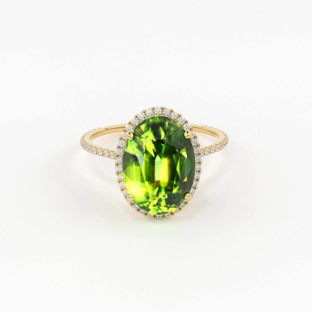 5.5 Carat Oval Green Sphene Cocktail Ring / Handmade Gemstone Ring / Sphene Cathedral Statement Ring / Pave Diamond Gemstone Engagement Ring - Jalvi & Co.