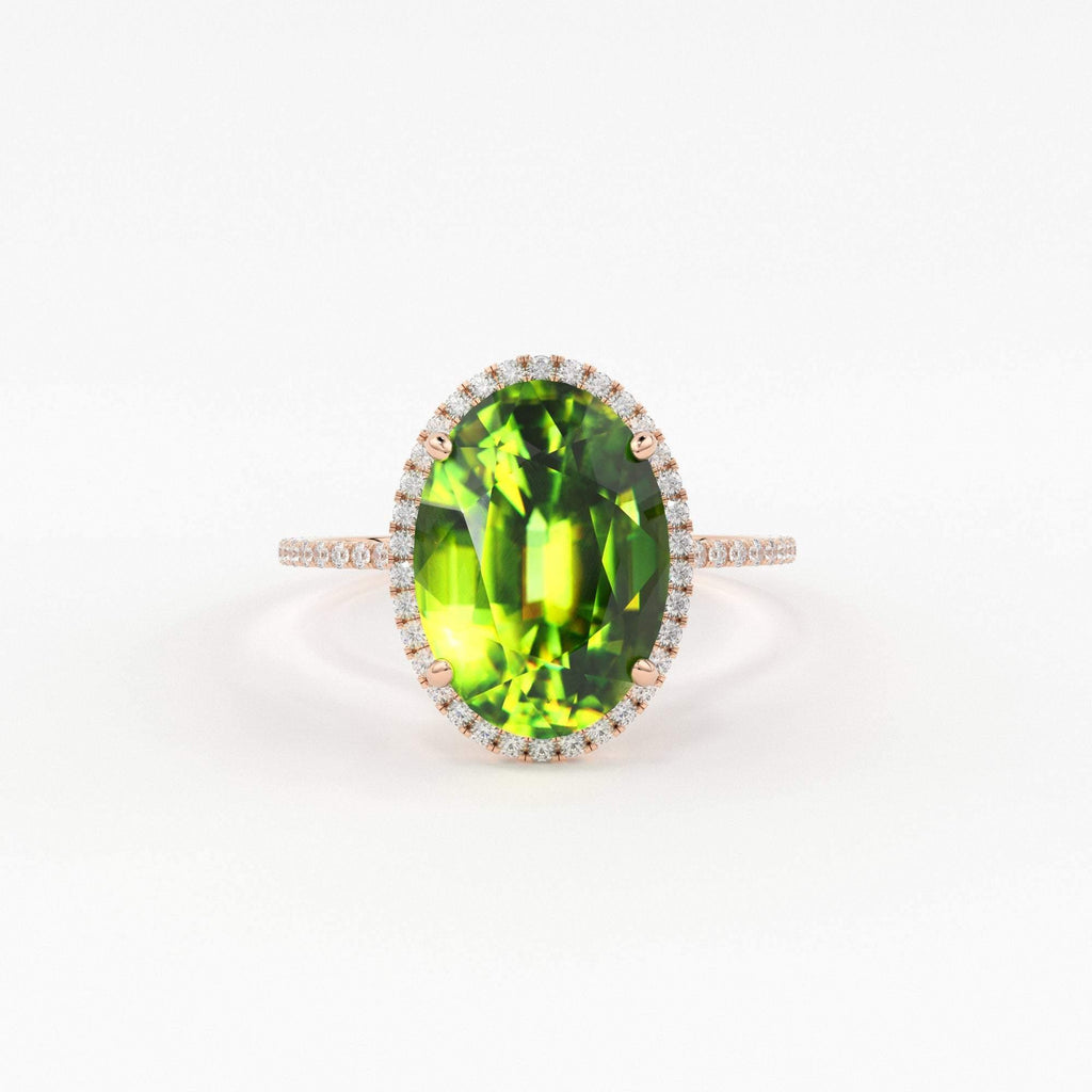 5.5 Carat Oval Green Sphene Cocktail Ring / Handmade Gemstone Ring / Sphene Cathedral Statement Ring / Pave Diamond Gemstone Engagement Ring - Jalvi & Co.