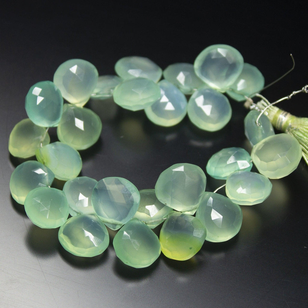 5 inches, 10-12mm, Natural Prehnite Green Chalcedony Faceted Heart Drop Beads, Chalcedony Beads - Jalvi & Co.