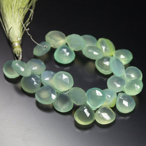 5 inches, 10-12mm, Natural Prehnite Green Chalcedony Faceted Heart Drop Beads, Chalcedony Beads - Jalvi & Co.