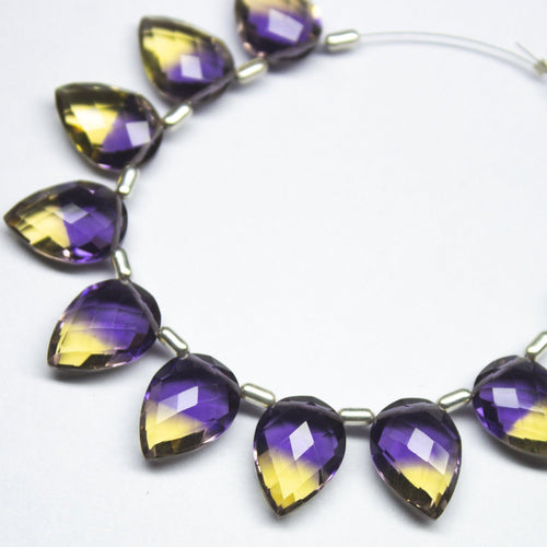 5 Matched Pair, 14mm, Bi Ametrine Quartz Faceted Pear Drop Shape Briolettes, Bottom Side Drilled, Quartz Beads - Jalvi & Co.