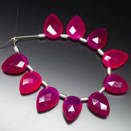 5 Matched Pair, 14mm, Hot Pink Chalcedony Plain Pear Drop Shape Briolettes, Bottom Side Drilled, Chalcedony Beads - Jalvi & Co.