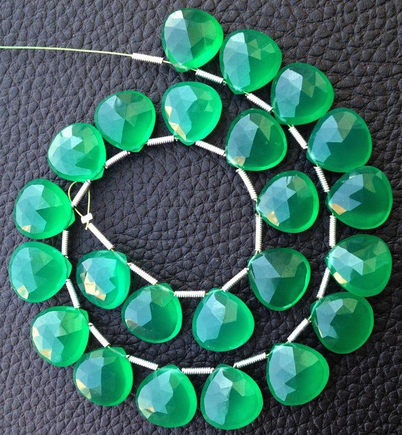 5 matching pair, AAA Green Onyx Faceted Heart Briolette Shape Gemstone Beads, Onyx Beads, 12mm - Jalvi & Co.