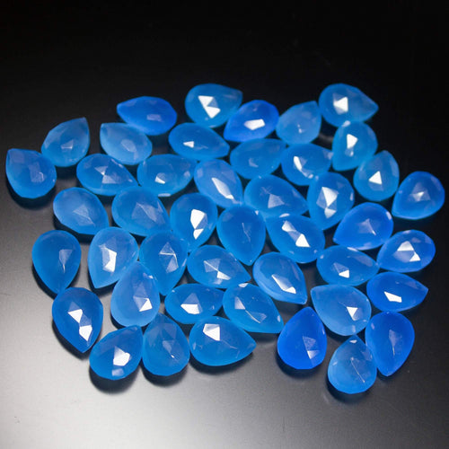 5 Matching Pair Natural Blue Chalcedony Faceted Pear Drop Briolette Beads 14mm - Jalvi & Co.
