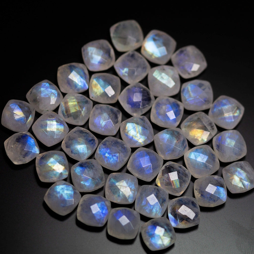 5 matching pair, Natural Blue Rainbow Moonstone Faceted Cushion Beads 8mm - Jalvi & Co.