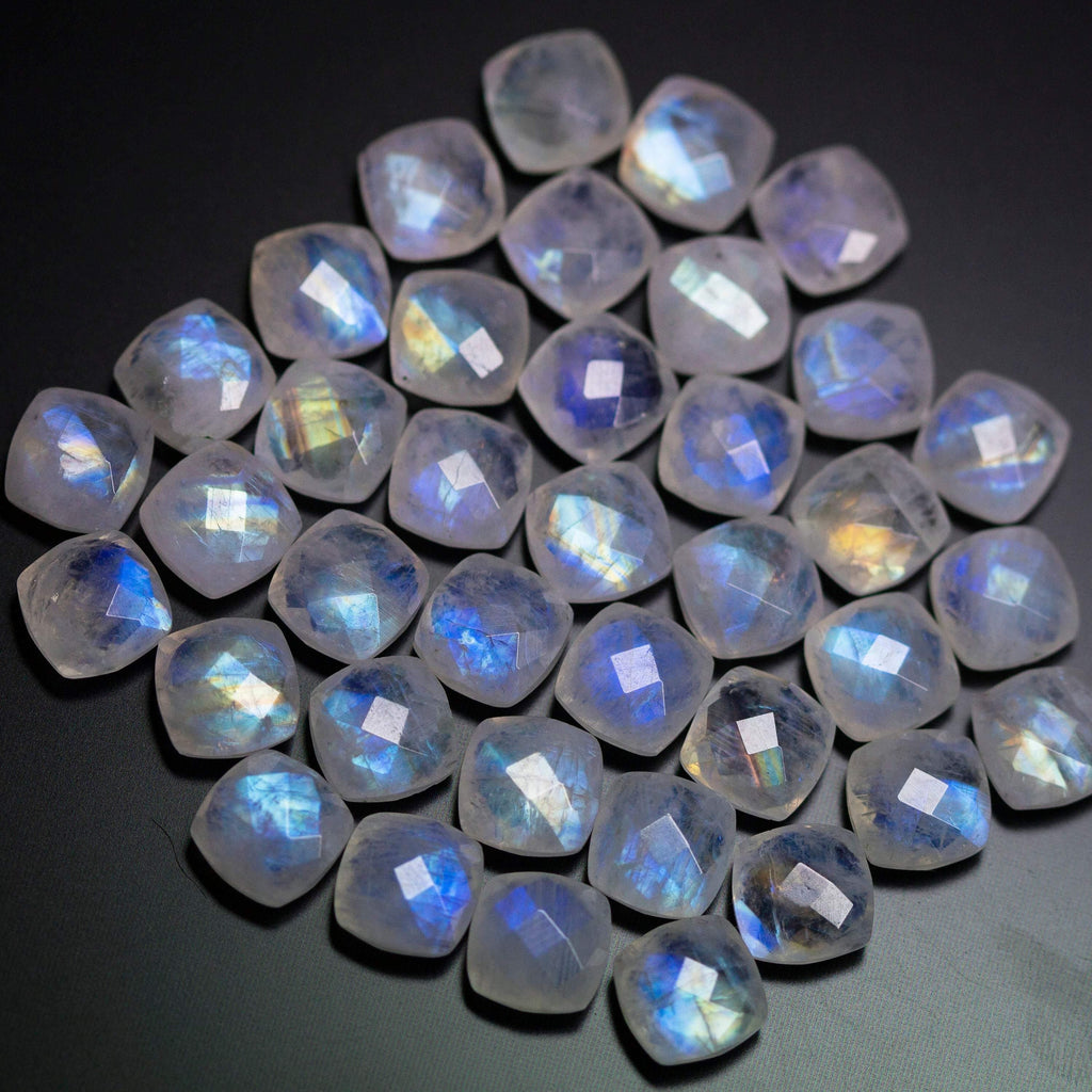 5 matching pair, Natural Blue Rainbow Moonstone Faceted Cushion Beads 8mm - Jalvi & Co.