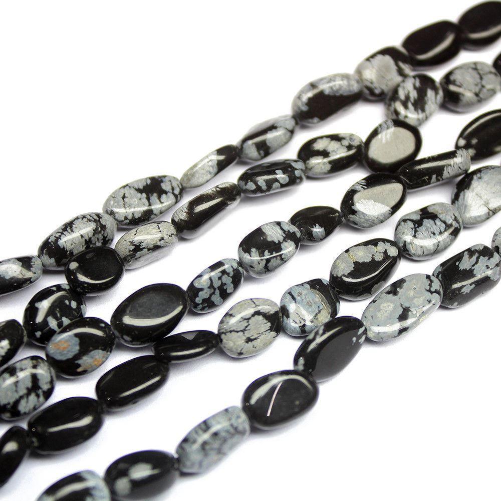 5 Strand Black Snowflake Obsidian Gemstone Natural Oval Loose Beads 9mm 11mm 14" - Jalvi & Co.