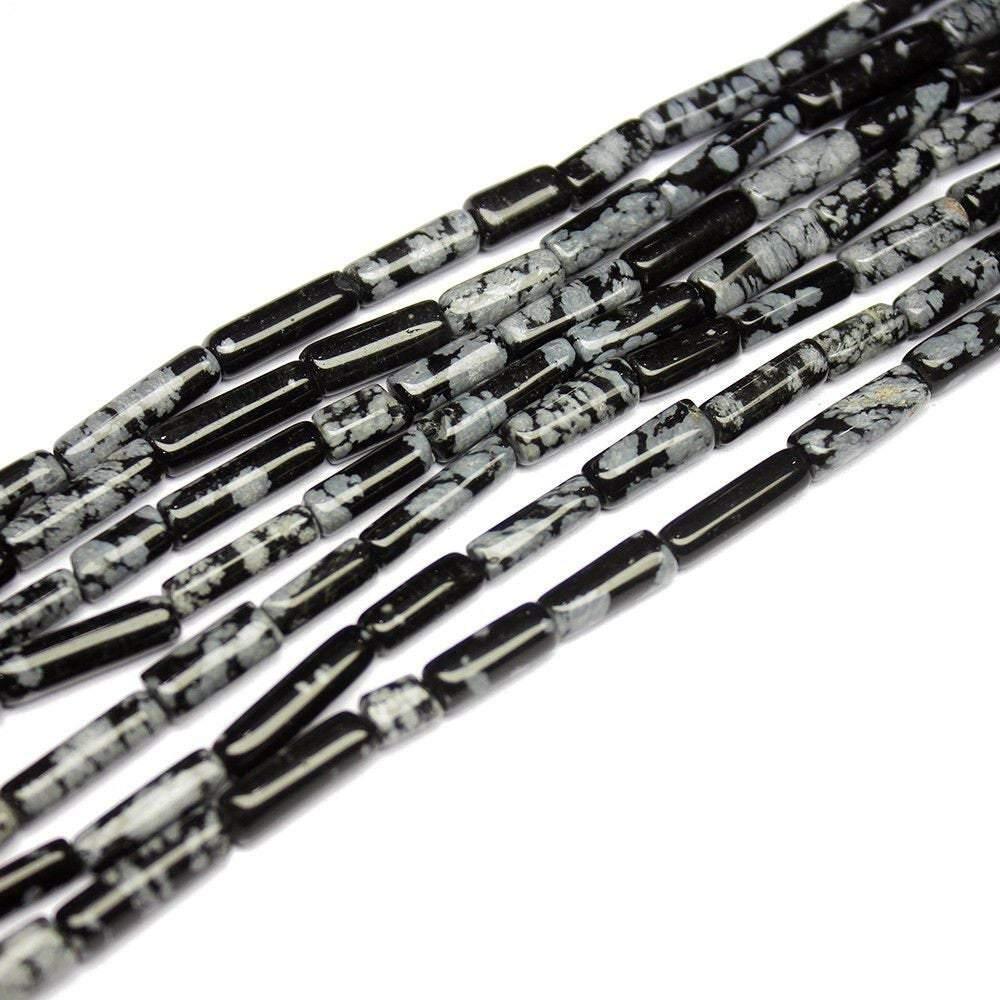 5 Strand Natural Snowflake Obsidian Tube Gemstone Loose Beads 14" 11mm 16mm - Jalvi & Co.