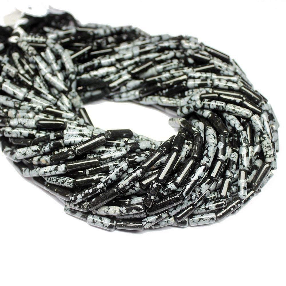 5 Strand Natural Snowflake Obsidian Tube Gemstone Loose Beads 14" 11mm 16mm - Jalvi & Co.