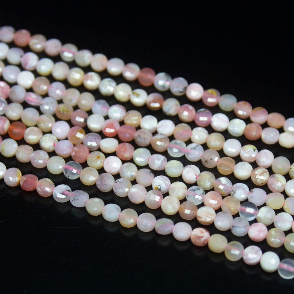 5 strands, 13 inch, 4mm, Pink Opal Faceted Round Coin Loose Gemstone Beads Strand, Pink Opal Beads - Jalvi & Co.